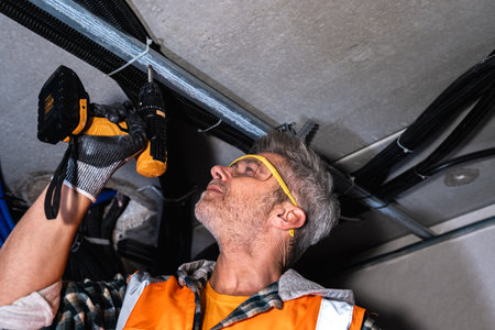 Professional worker using a cordless drill to fasten metal framing to the ceiling. Wearing gloves and safety glasses. Indoor technical constructionの写真素材