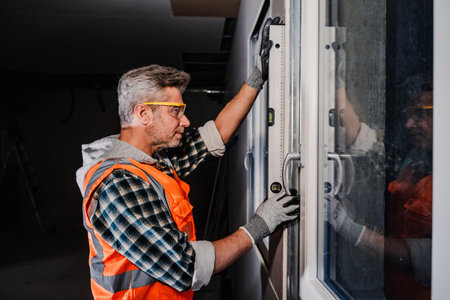 A window installer checks the vertical alignment of a sliding glass door frame using a spirit level. Indoor renovation work with precision tools and safety equipmentの写真素材