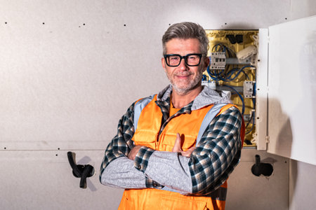 Smiling mature electrician in safety vest standing confidently with arms crossed near an open electrical panel during home renovation workの写真素材