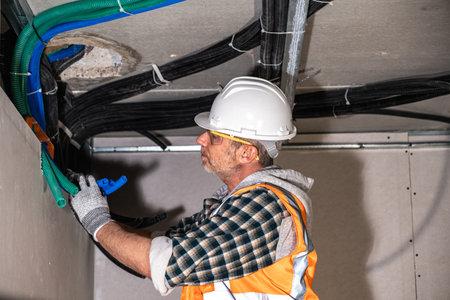 Electrician wearing safety gear adjusts green electrical conduit at ceiling junction, using a hand tool during cable installation inside a building siteの写真素材