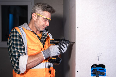 Man installing electrical system using a cordless power drill. Working on drywall with gloves and safety gear during home renovationの写真素材
