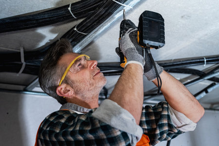 Professional worker securing a ceiling support profile using a cordless power drill. Focused installation during renovation with visible cable conduitsの写真素材
