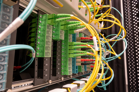 Patch panel of fiber optic network cables. Fiber optic installation in a rack
