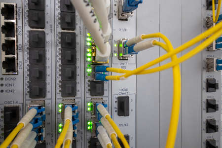 Patch panel of fiber optic network cables. Fiber optic installation in a rackの写真素材
