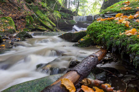 water flows between the stones, mountain river in the Bieszczady Mountains, moss on stones, river in the forest, long exposure timeの写真素材
