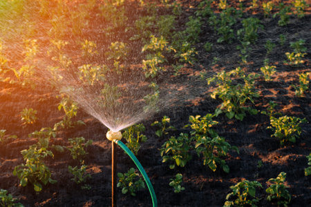 Watering the garden from a watering device. Dry season. Growing vegetables. Selective focusの写真素材