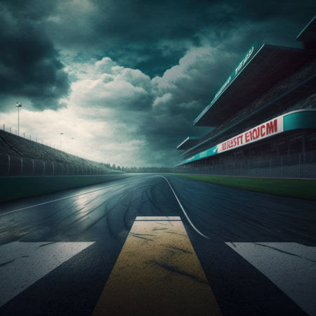 Driving on a race track in the evening. 3D renderingの素材