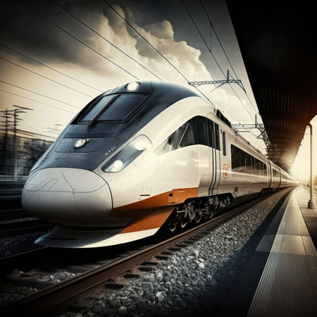 High speed train in the city at sunset. 3d rendering.の素材