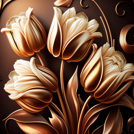 3D illustration, brown floral background with gold ornament. Computer-generated graphics.の素材