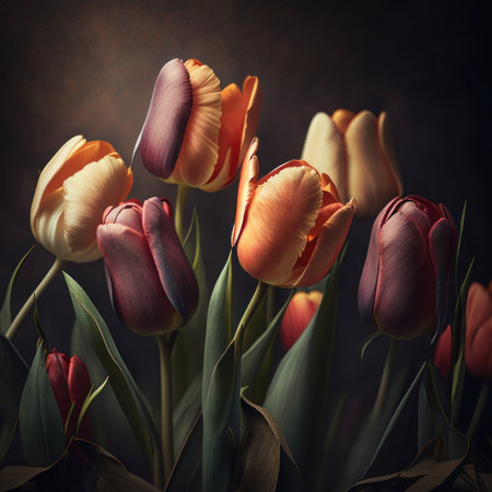 Beautiful tulips bouquet on dark background. Toned.の素材