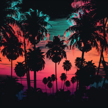 Palm trees silhouettes on a tropical beach at sunset. Vector illustration.の素材