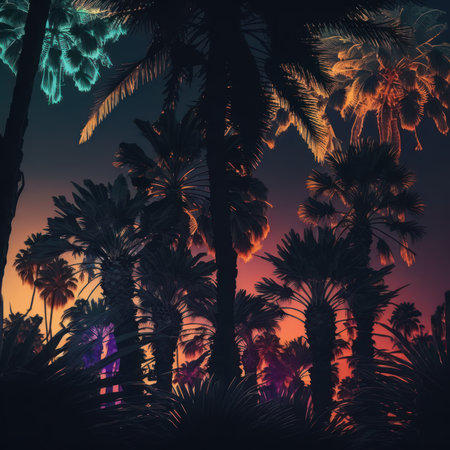 Silhouette of palm trees against the background of the night skyの素材