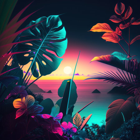 Tropical background with palm leaves and sunset. 3d renderingの素材