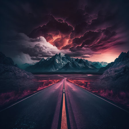Asphalt road leading to a mountain range at sunset. 3d renderingの素材