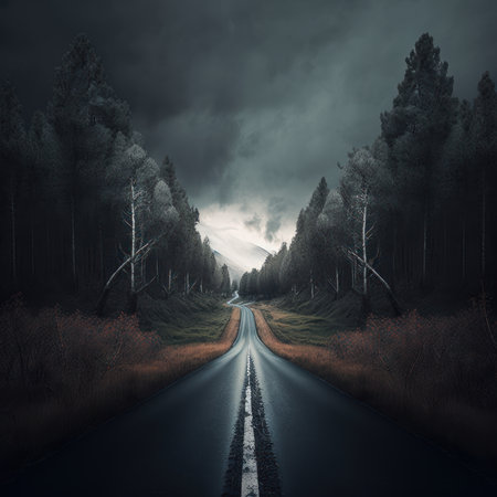 Foggy road in the forest at night. Concept imageの素材