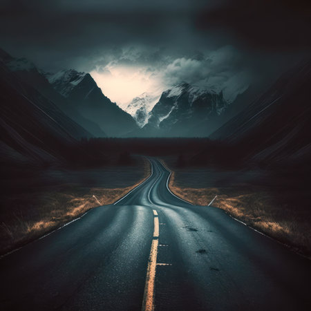 Dramatic landscape with asphalt road, mountains and cloudy sky.の素材
