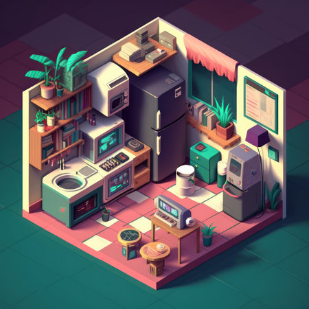 Household appliances isometric composition with living room and kitchen vector illustrationの素材