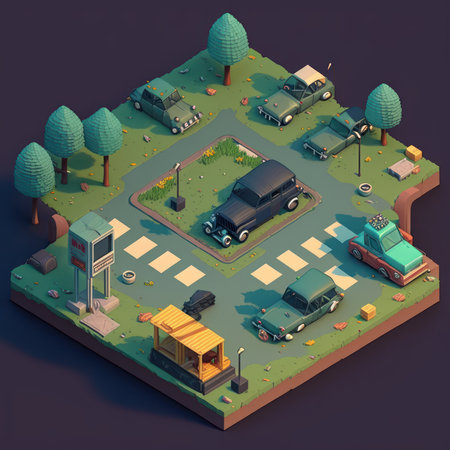 Isometric city street with cars, road and houses. Vector illustrationの素材