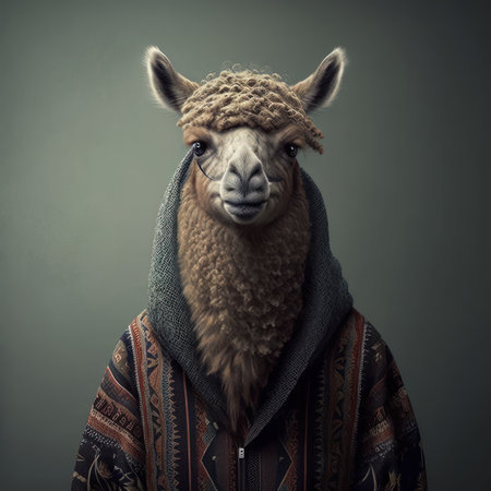 Portrait of a cute alpaca wearing a warm sweater.の素材