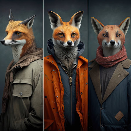 Portrait of a group of red fox in a coat and scarfの素材