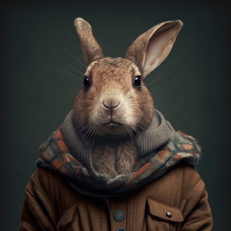 Rabbit wearing warm clothing and scarf on dark background. animal portrait.の素材