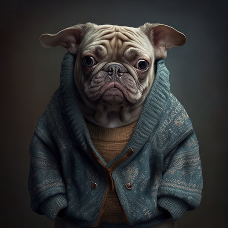 Portrait of a cute dog in a warm sweater on a dark backgroundの素材