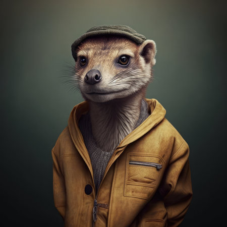 Portrait of a ferret in a leather jacket and hat.の素材