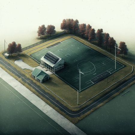 Soccer field in a foggy morning, aerial view. 3d renderingの素材