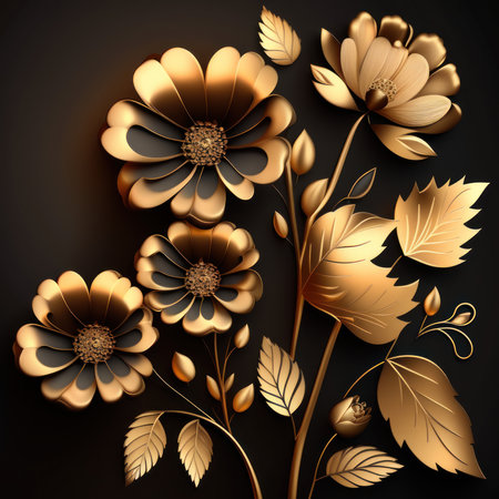 Golden flowers with leaves on a black background. Vector illustration for your design.の素材