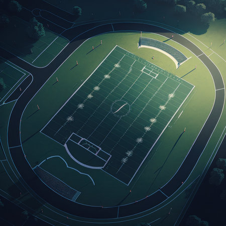 Aerial view of a football field with green grass. 3D Renderingの素材