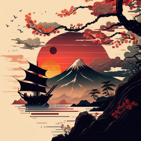 Vintage japanese landscape with mountain Fuji and sunset. Vector illustration.の素材