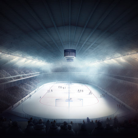 Ice hockey arena with crowd of people. 3d rendering toned imageの素材