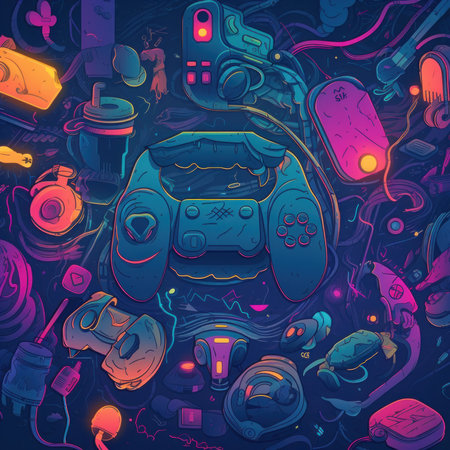 Vector illustration of a set of video game elements. Game console, joystick, gamepad, headphones, joystick, controller.の素材