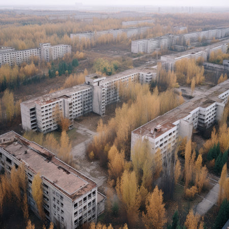 Aerial view of an abandoned factory building in the autumn forest.の素材