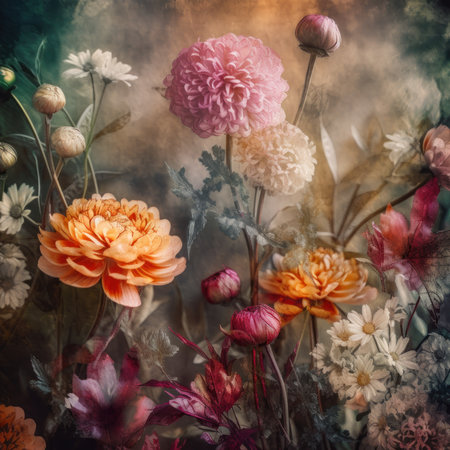 Colorful dahlia flowers in vintage style. Floral backgroundの素材