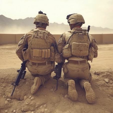 United States Marine Corps soldiers in the desert during a military mission.の素材