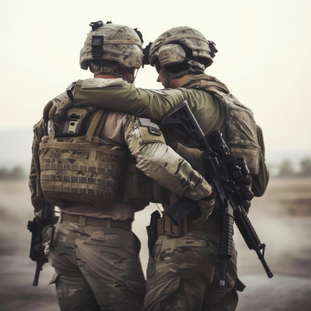 Two soldiers with assault rifles on the battlefield. Focus on man.の素材