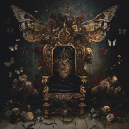 Beautiful vintage baroque chair with butterflies and flowers on dark backgroundの素材