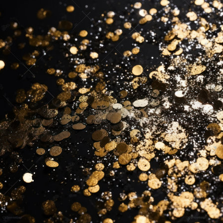 Gold glitter confetti on black background. Gold sparkles on a black background.の素材