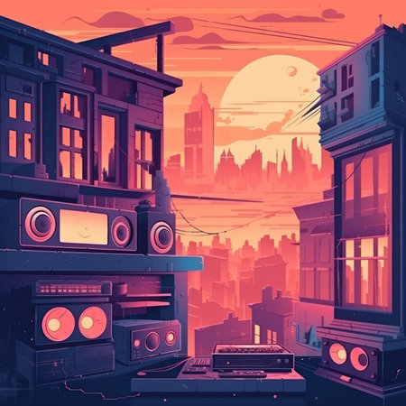 Vintage city at sunset. Vector illustration in retro 80s style.の素材