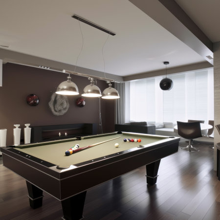 Billiard room interior with billiard balls and table. 3d renderの素材