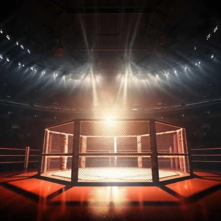 Boxing ring with lights and smoke on the background. 3d renderingの素材