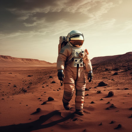 Astronaut in the desert at sunset. Travel and adventure concept.の素材