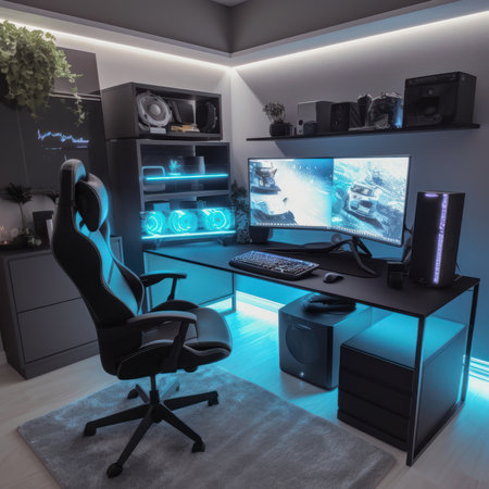 Modern interior of a home office with a computer and a black chairの素材