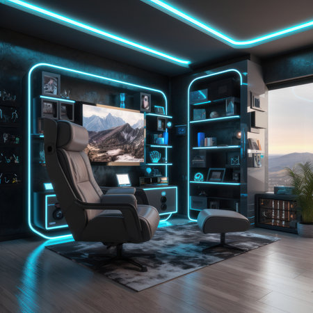 Interior of a modern office with a black leather armchair and a bookcase 3D renderingの素材
