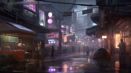 3D rendering of a street in the city at night with people walkingの素材