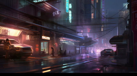 Night scene of street in the city. 3D rendering and illustration.の素材