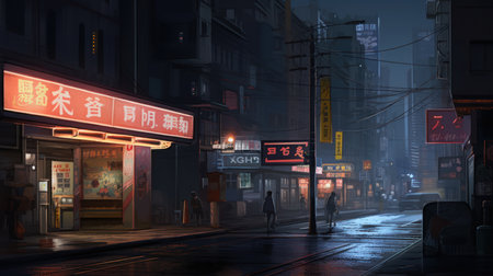 3D rendering of a street in the city at night with lanternsの素材