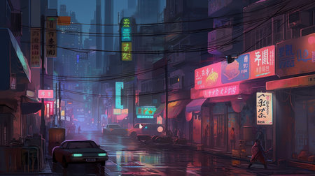 City street in the fog at night, 3d rendering. Computer digital drawing.の素材