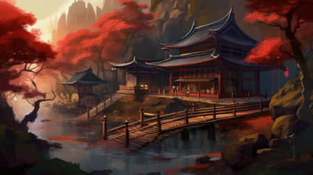 Korean temple in the autumn forest with wooden bridge and red maple treesの素材